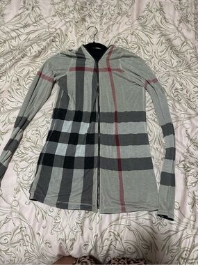 Burberry Gray Plaid Zip-Front Hooded Cardigan with Black and Burgundy Stripes